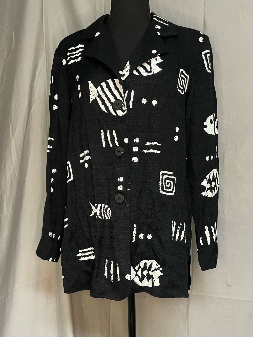 Vintage 90s Michael Taylor Abstract Fish Black & White Blazer
